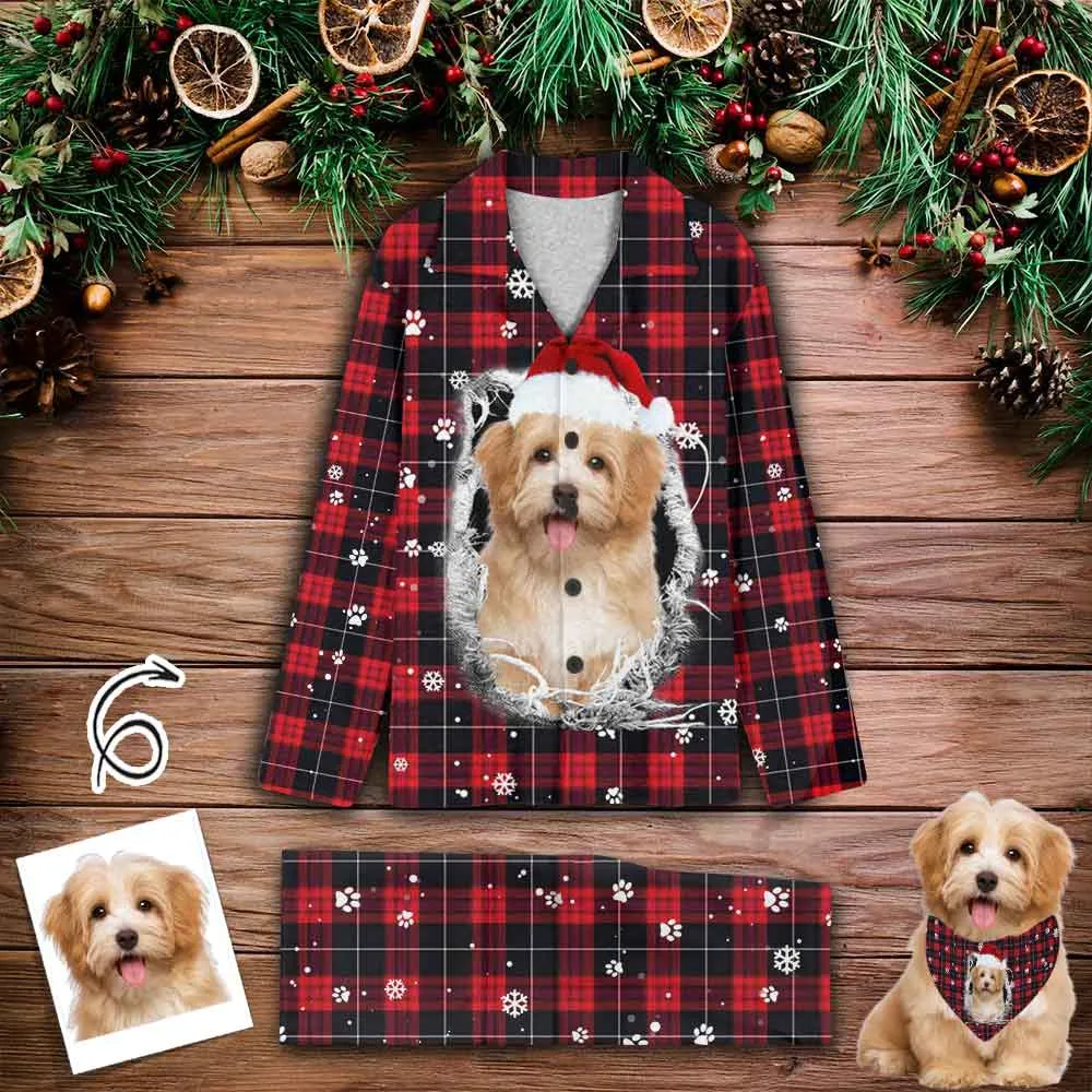 Custom Pet Big Face Red and Black Plaid Sleepwear Personalized Men Women's Long Pajama Set