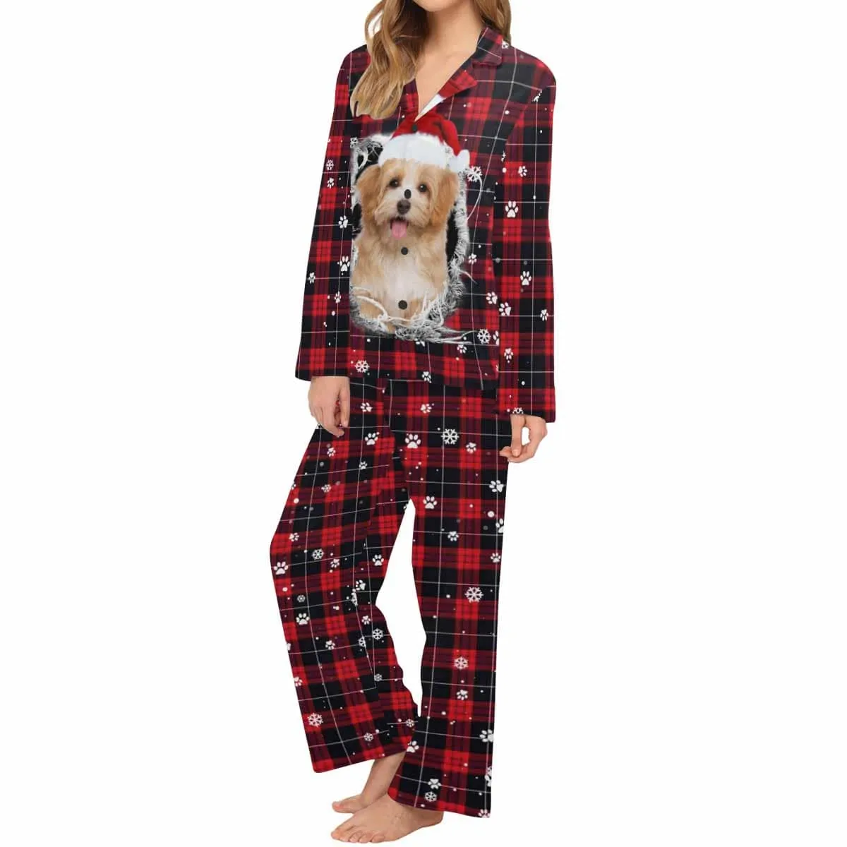 Custom Pet Big Face Red and Black Plaid Sleepwear Personalized Men Women's Long Pajama Set