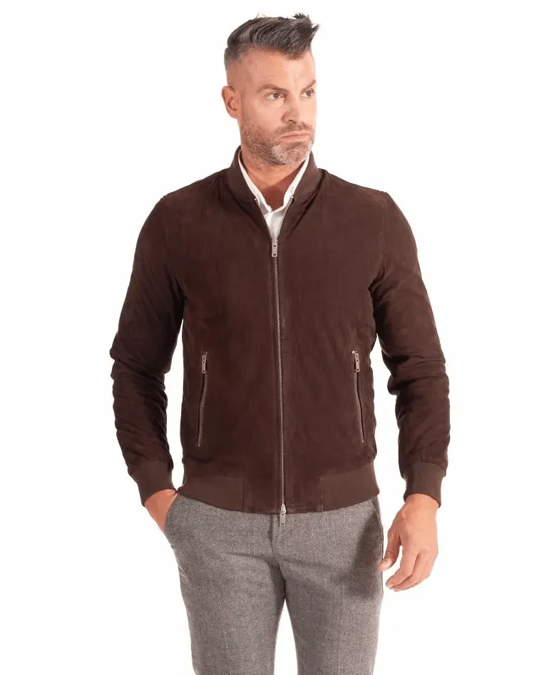 Dark brown suede leather bomber jacket