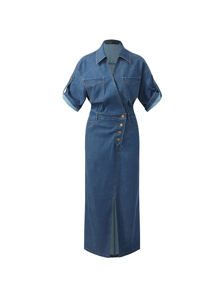 Denim V-Neck Slit Lapel Women Maxi Dress