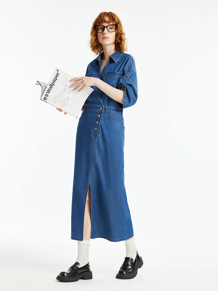 Denim V-Neck Slit Lapel Women Maxi Dress