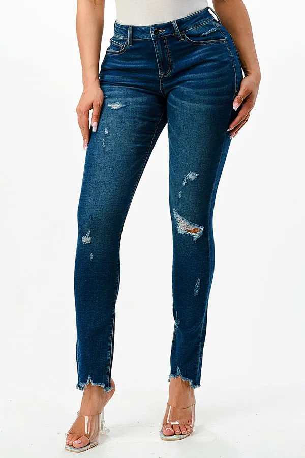 Distressed  Medium Blue  Knit Denim Mid Rise Skinny Jeans