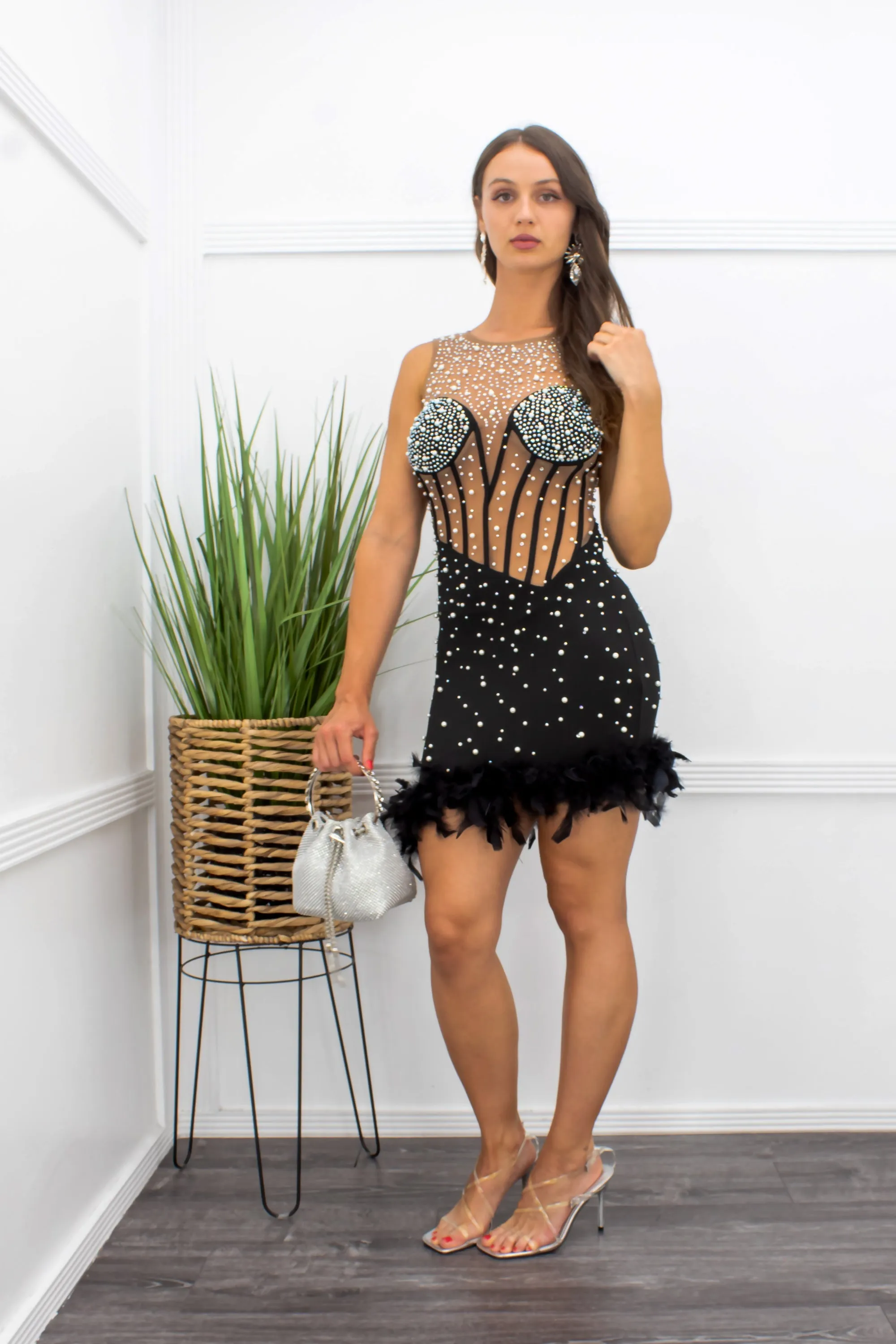 Embellished Rhinestones Feather Trimmed Mini Dress