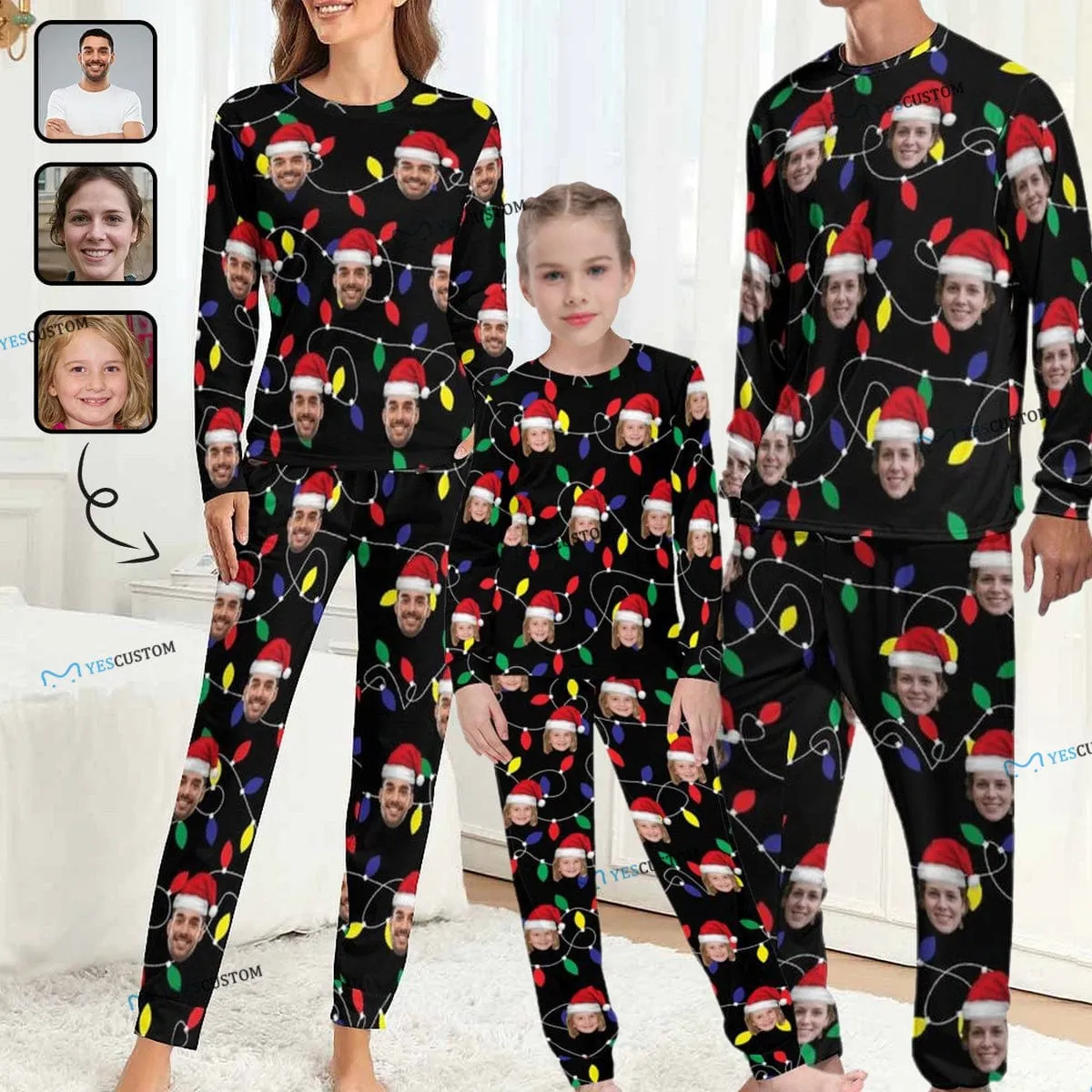 Face Pajamas Custom Face Colored Light Bulbs Red Christmas Hat Family Matching Long Sleeve Pajama Set Personalized Photo Loungewear