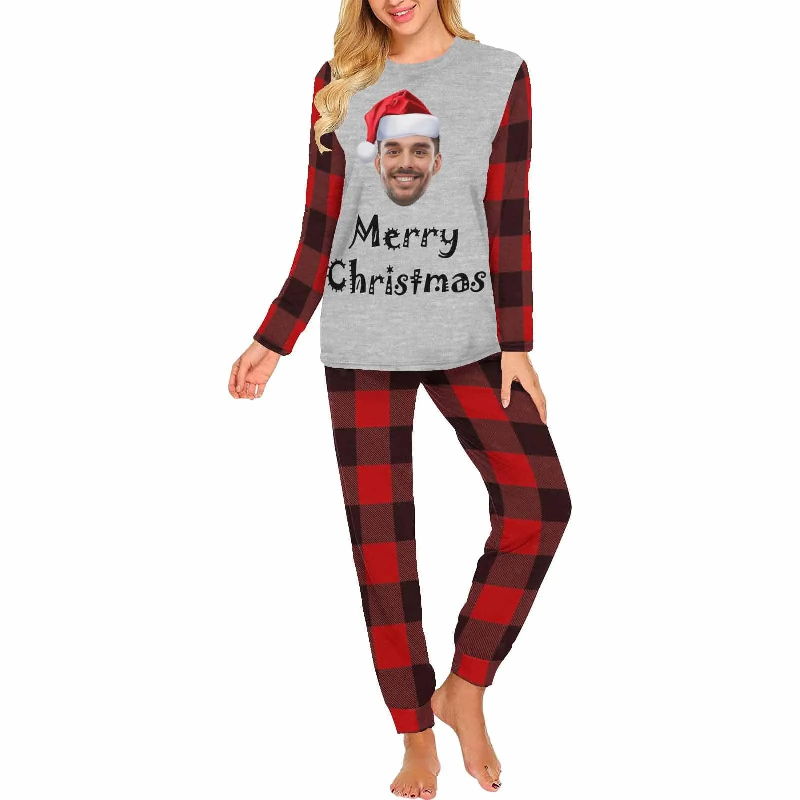 Face Pajamas Custom Face Red Plaid Red Christmas Hat Family Matching Long Sleeve Pajama Set Personalized Photo Loungewear