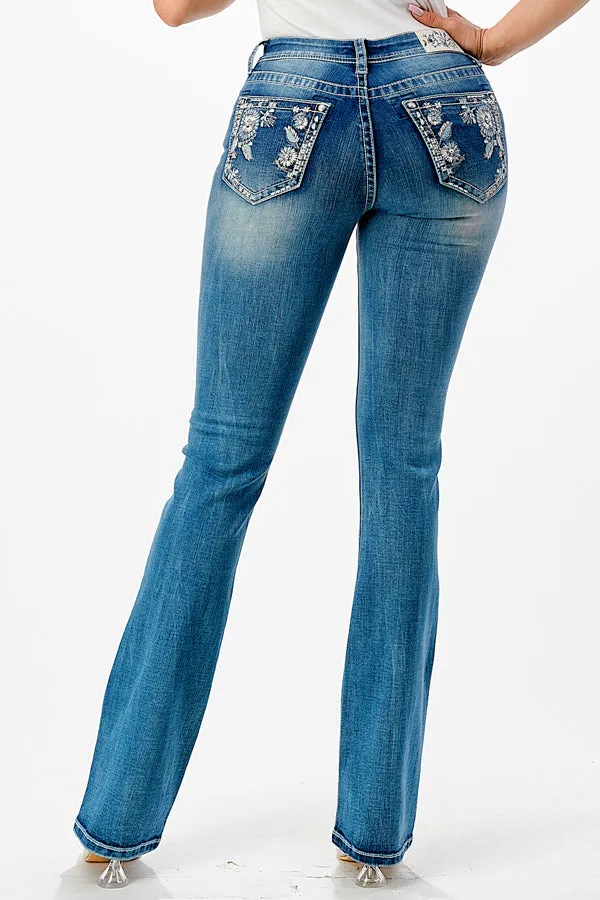 Floral Embellishment Mid Rise Bootcut Jeans