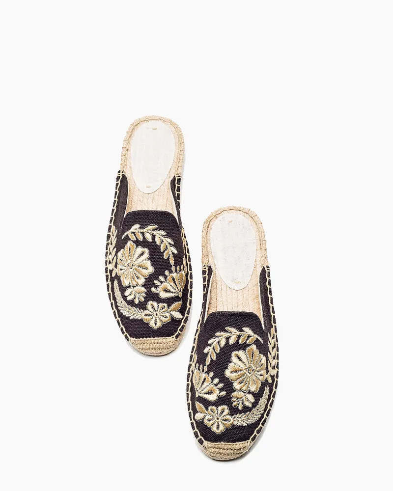 Floral Pattern Embroidered Espadrille Flat Mules