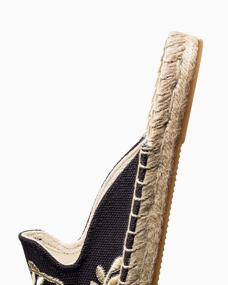 Floral Pattern Embroidered Espadrille Flat Mules