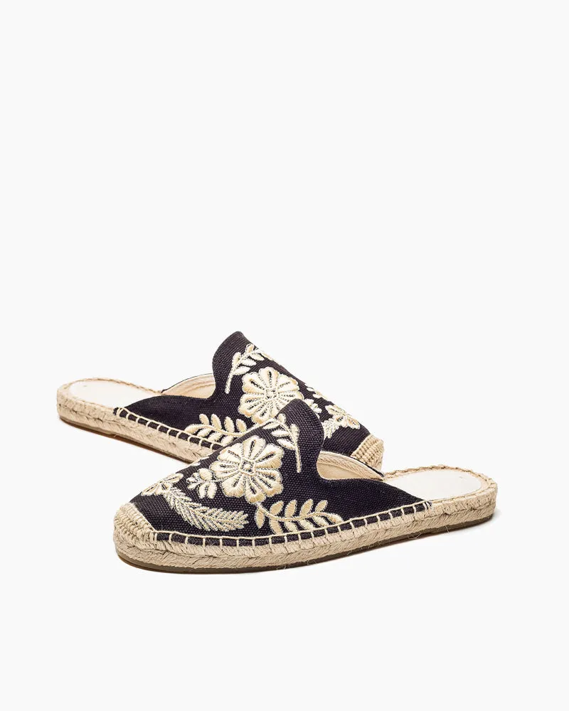 Floral Pattern Embroidered Espadrille Flat Mules