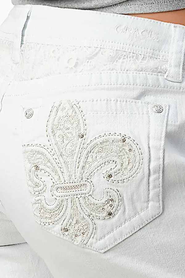 Flu De Lee Embellishment Mid Rise White Denim Shorts