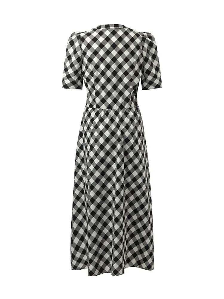 Gingham V-Neck Women Maxi Dress