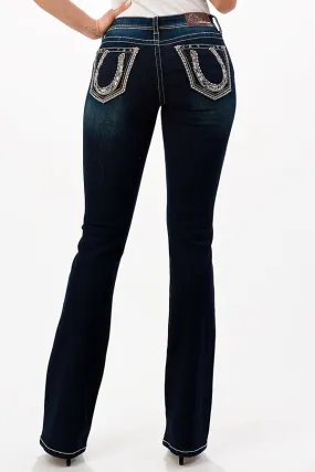 Horse Shoe Leather Detail  Mid Rise Bootcut Jeans