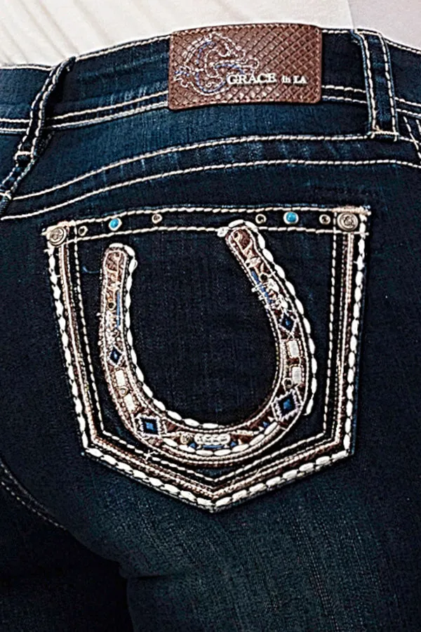 Horse Shoe Leather Detail  Mid Rise Bootcut Jeans