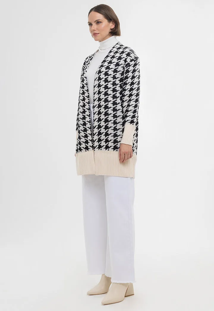 Houndstooth Pattern Ribbed Details Open Winter Cardigan