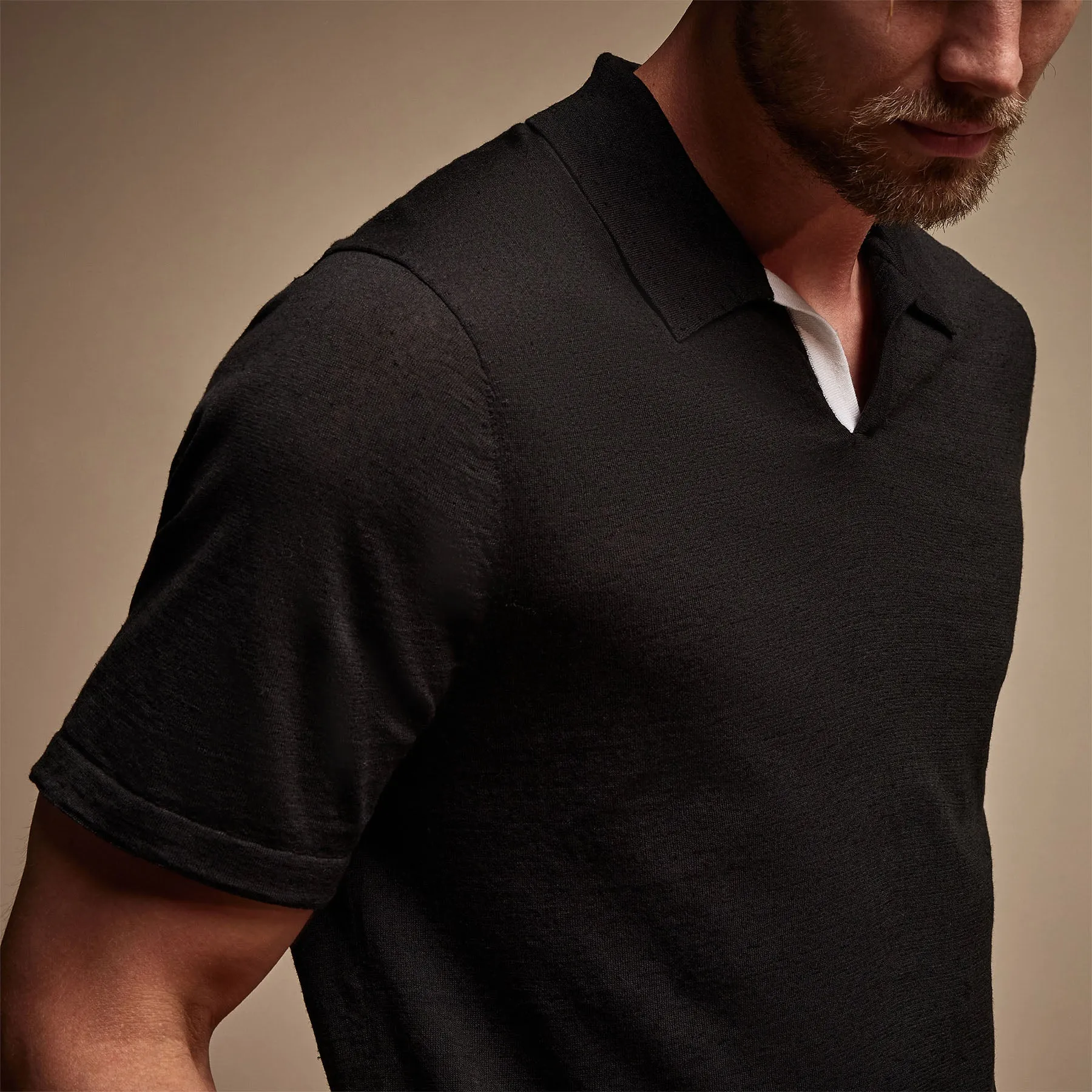 Linen Blend Contrast Polo - Black/White