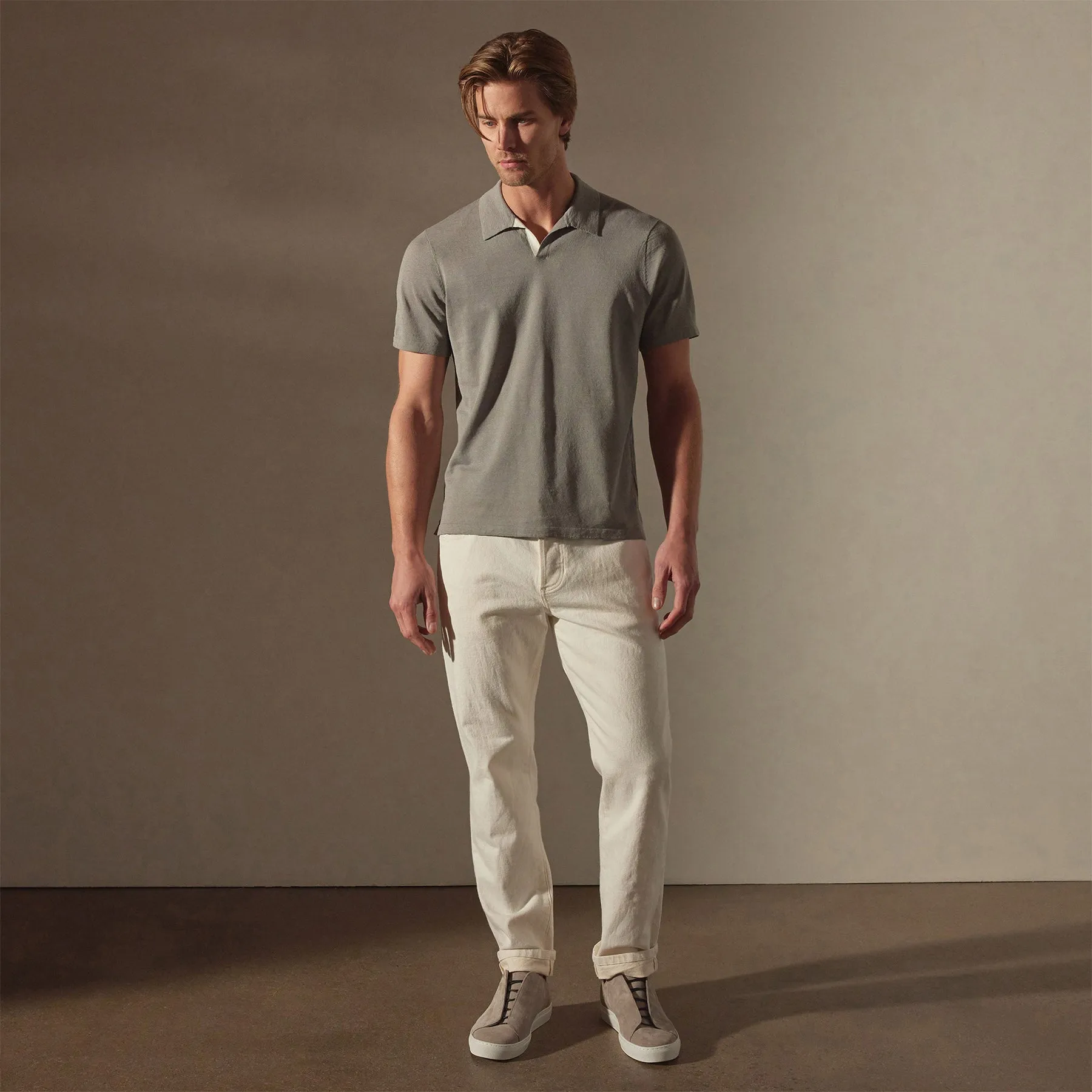 Linen Blend Contrast Polo - Silver Grey/White