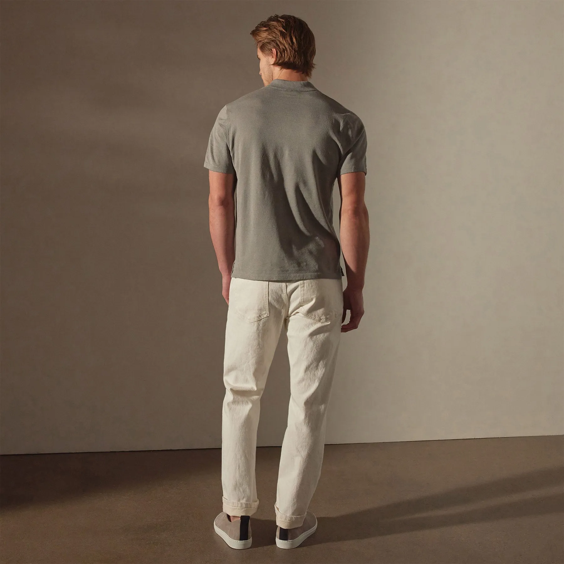 Linen Blend Contrast Polo - Silver Grey/White