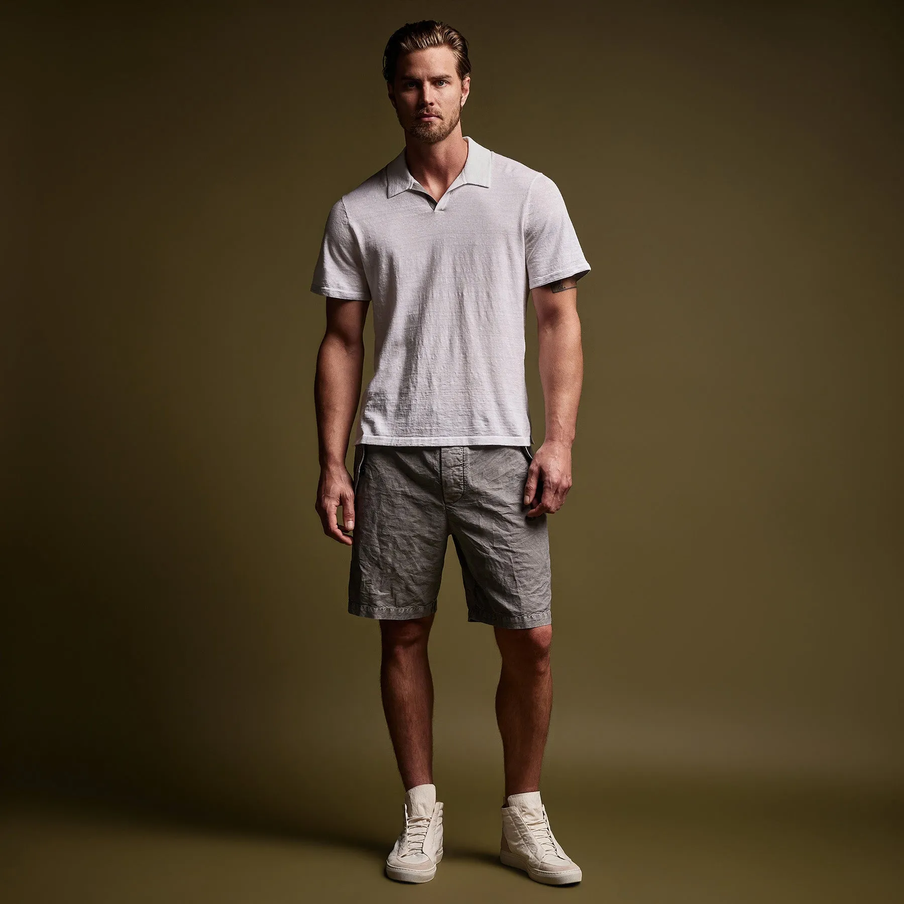 Linen Blend Contrast Polo - White/Silver Grey