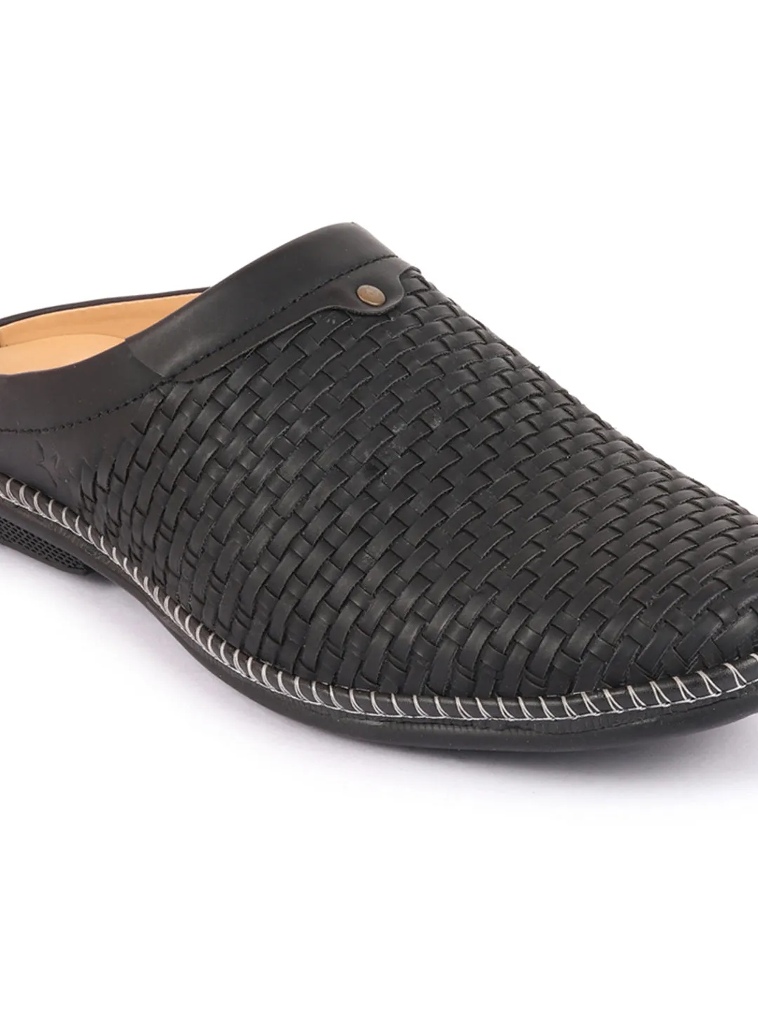 Men Black Back Open Knit Design Stitched Ethnic Casual Mules