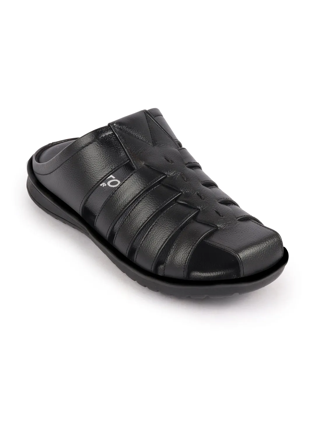 Men Black Genuine Leather Multi Strap Back Open Slip On Closed Toe Dress Sandals