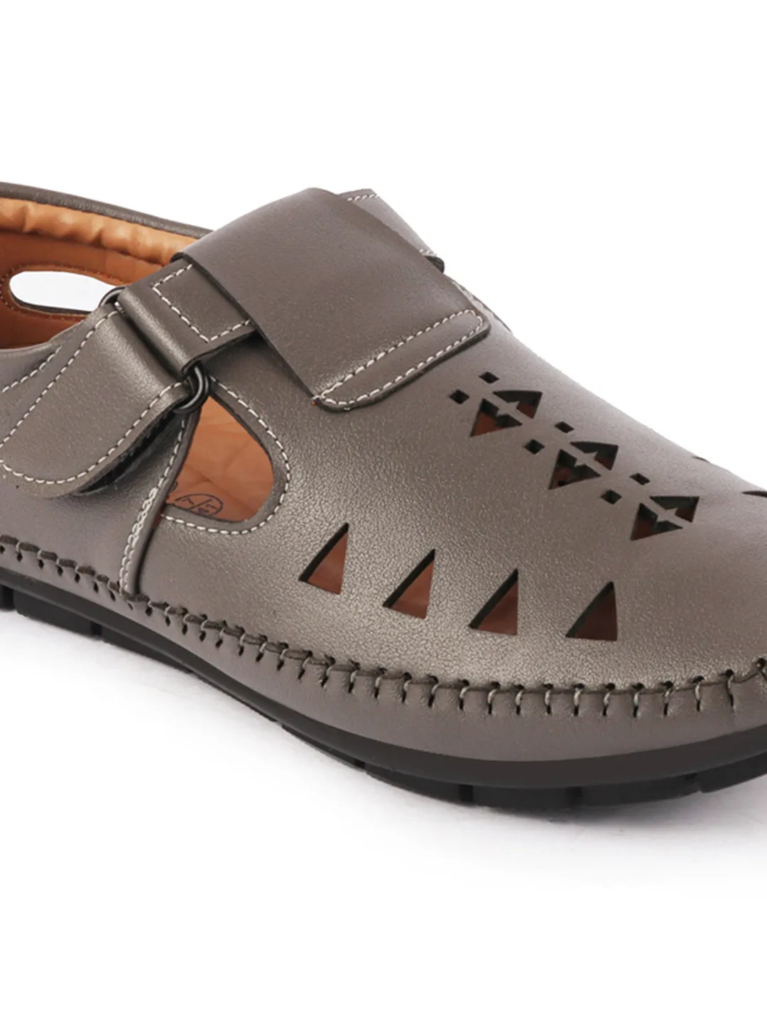 Men Grey Laser Cut Design Side Stitched Hook & Loop Driving Roman Sandals