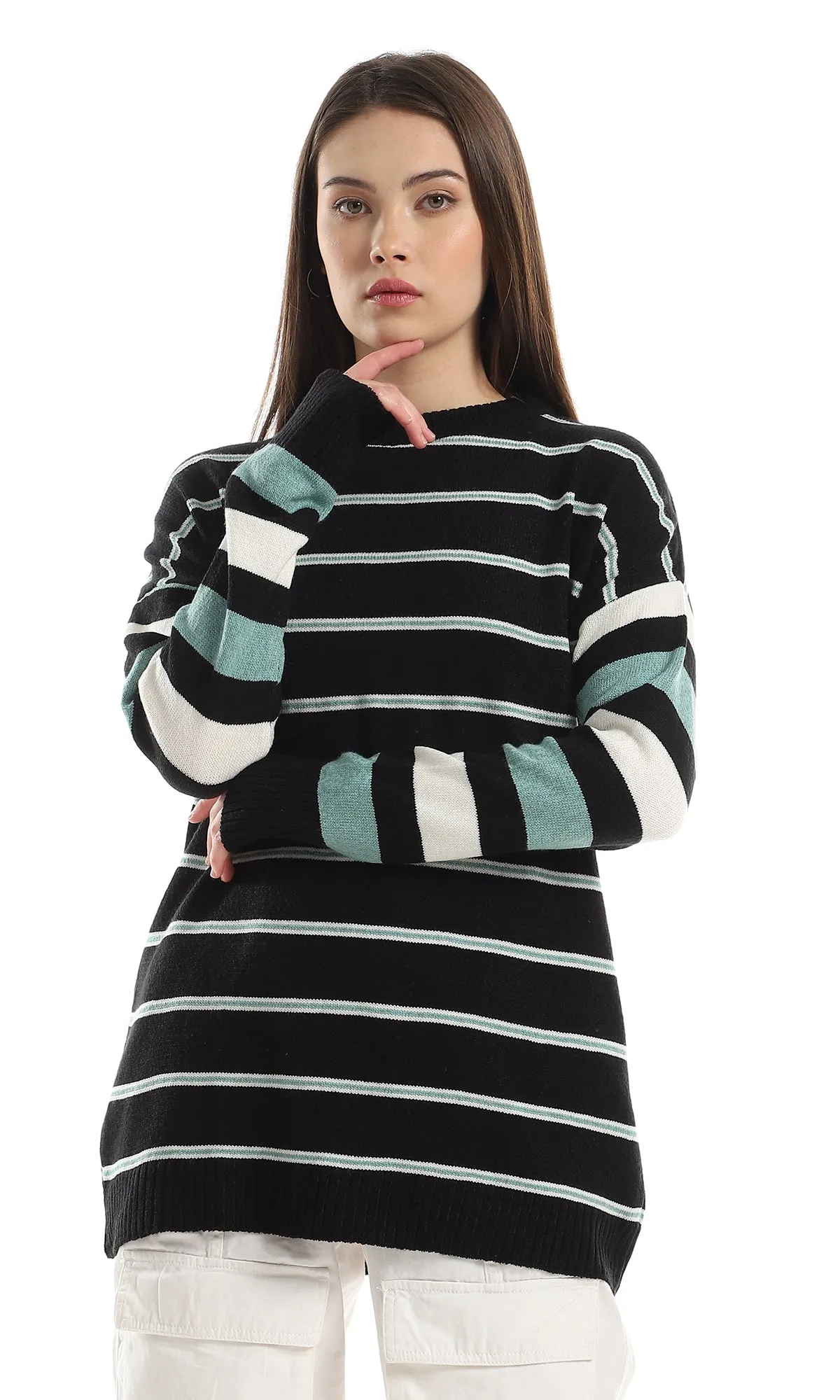 O160299 Striped Oversize Knitted Black , Green & Off White Pullover