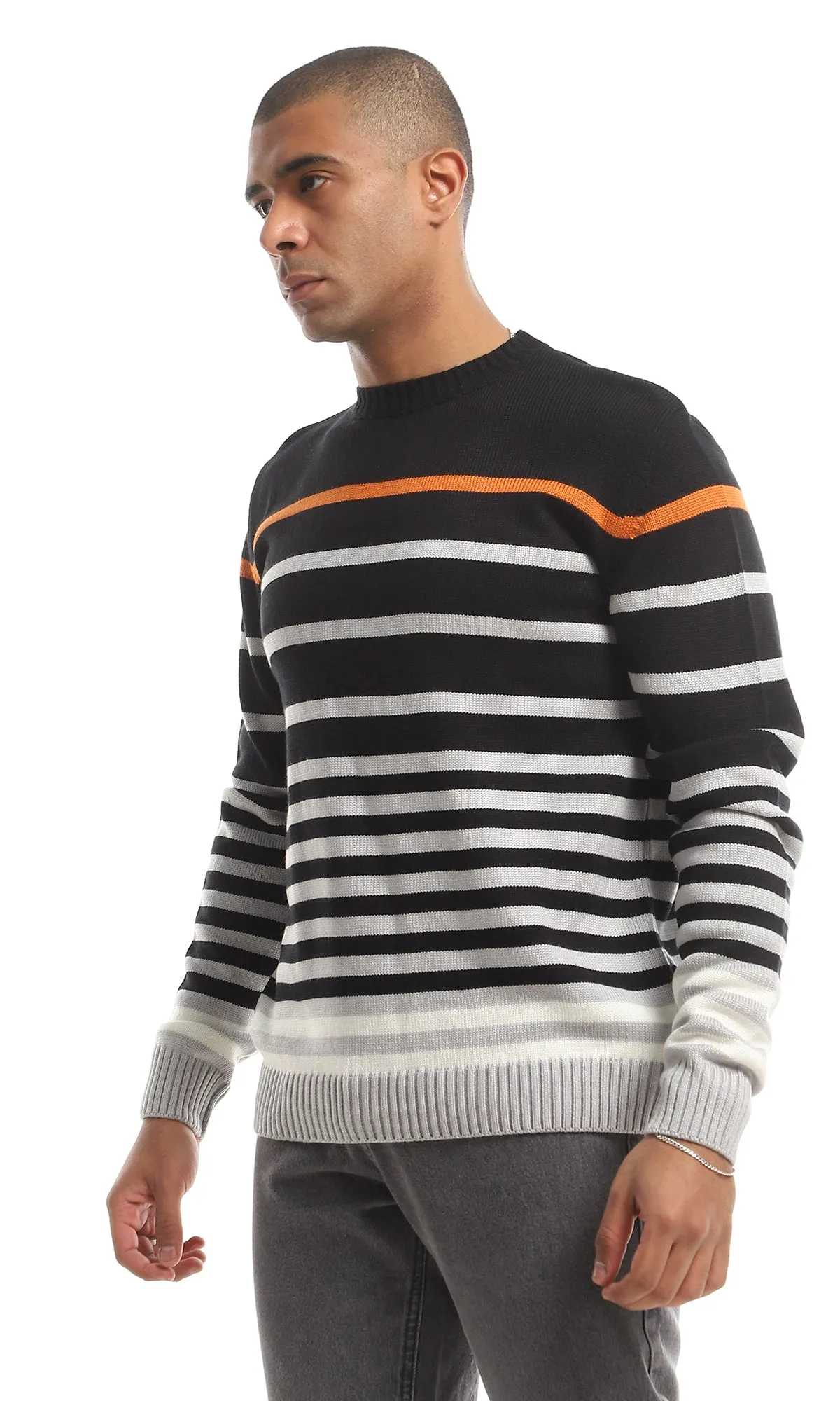 O160322 Striped Slip On Round Neck Pullover - Black & Grey