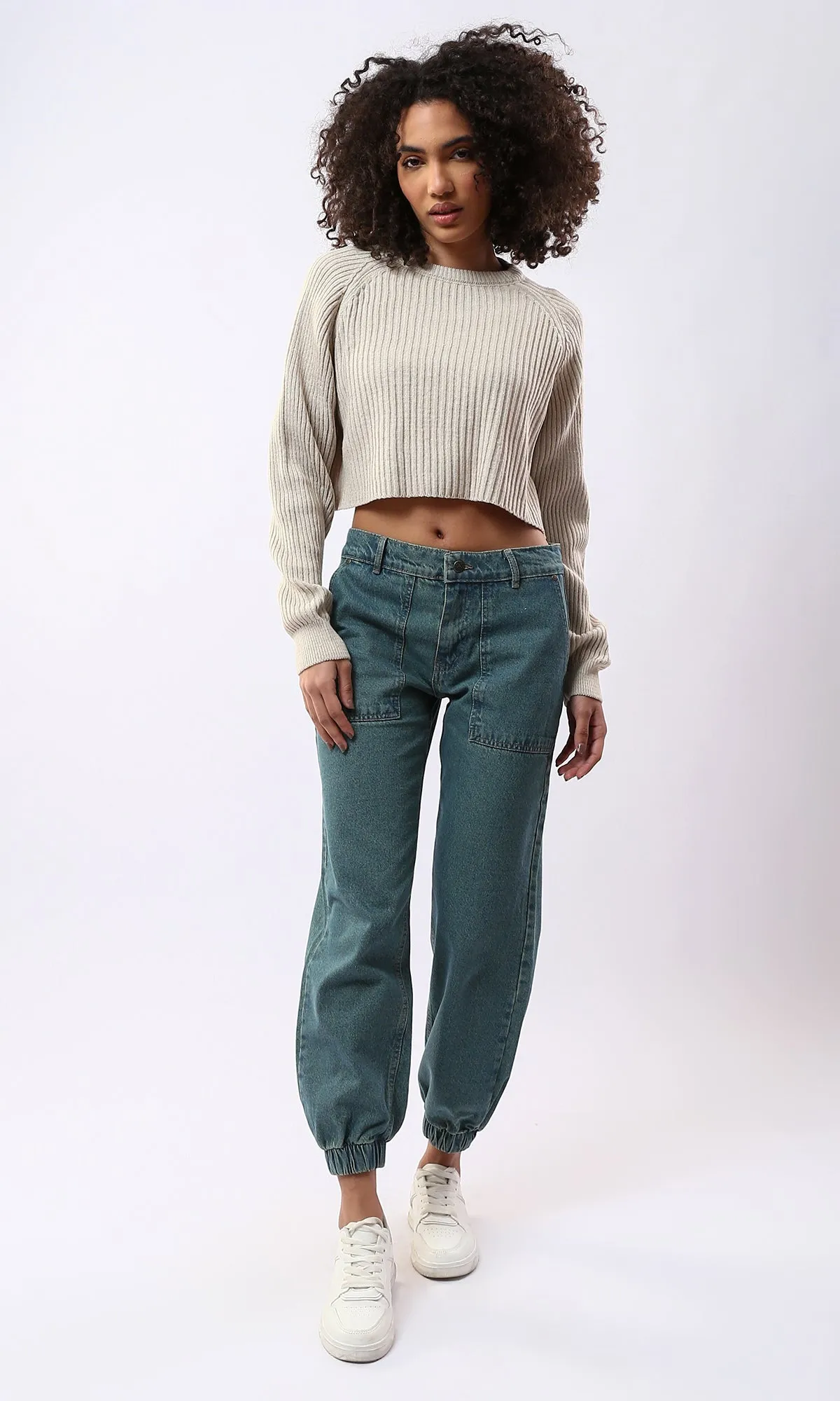 O171611 Drop Shoulders Ribbed Light Beige Cropped Pullover