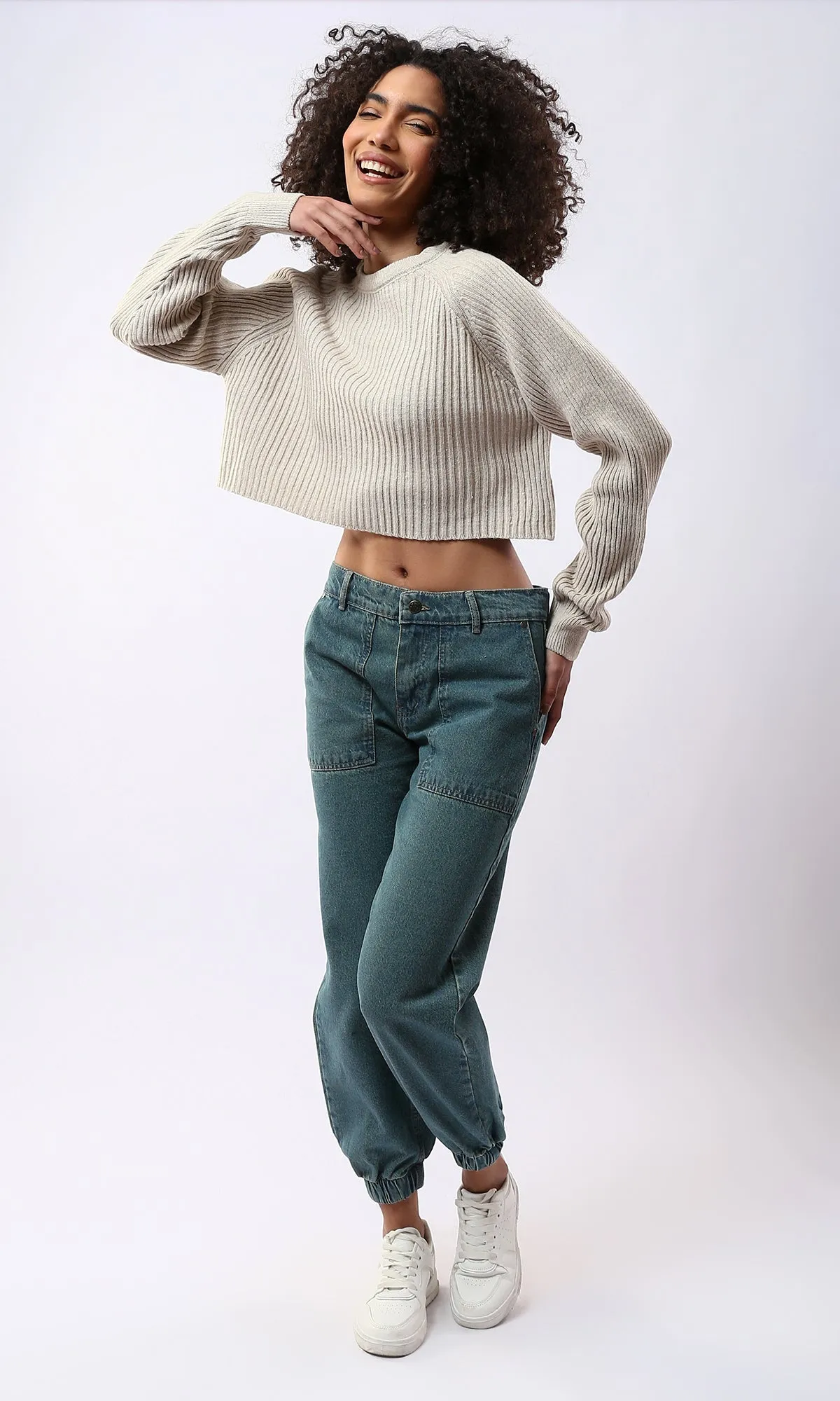 O171611 Drop Shoulders Ribbed Light Beige Cropped Pullover