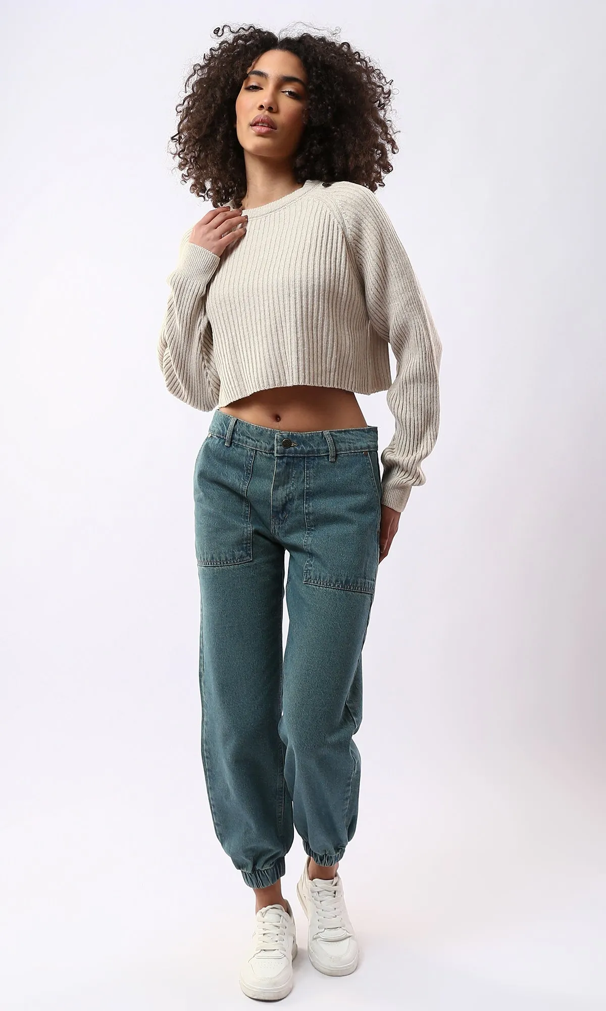 O171611 Drop Shoulders Ribbed Light Beige Cropped Pullover