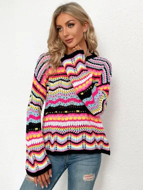 Rainbow Stripe Openwork Flare Sleeve Knit Top