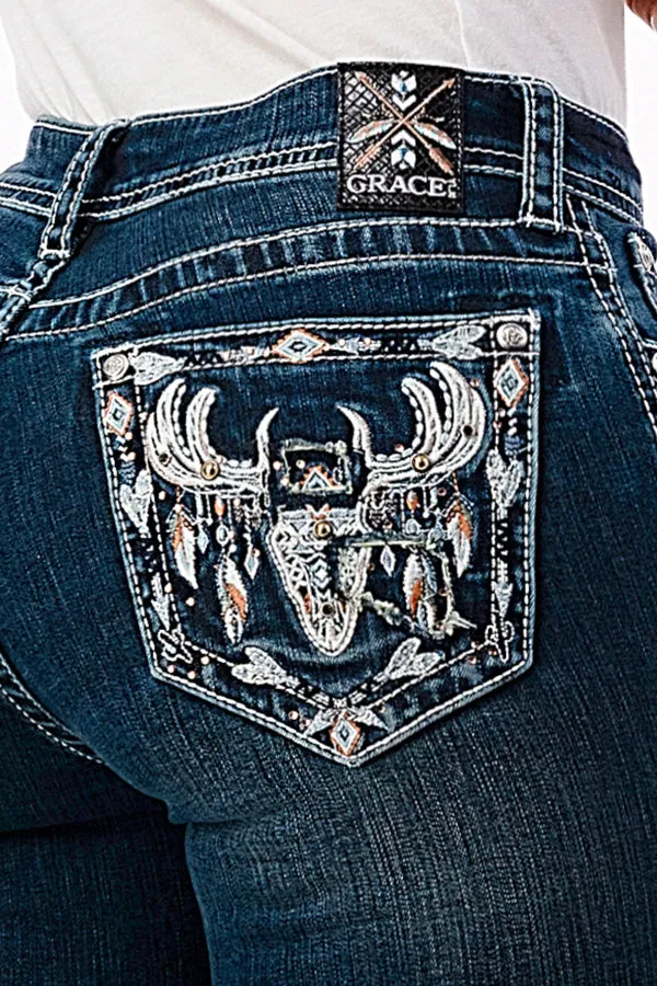 Steer Head Embroidery Mid Rise Bootcut Jeans