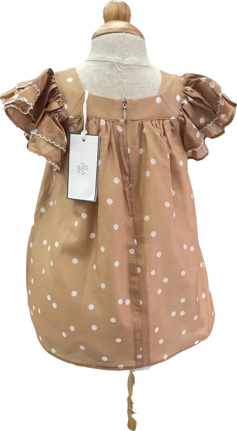 Tartine et Chocolat Beige Flutter Sleeve Camel Polka Dot Dress Bnwt 6-9 Months