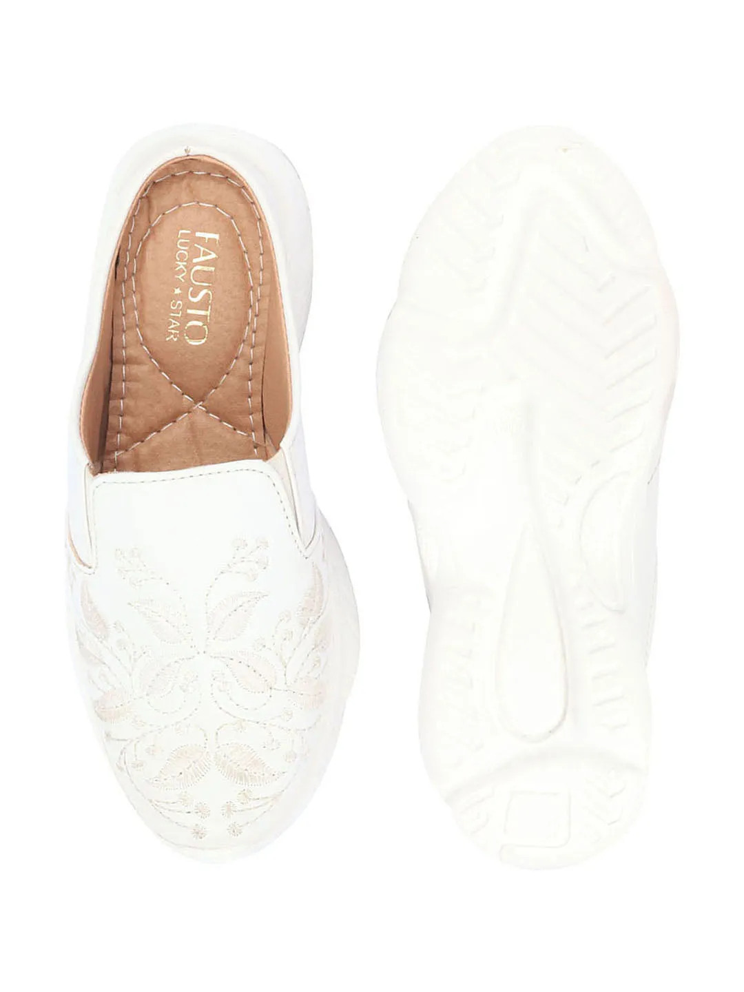 Women Off White Leaf Print Embroidery Design Back Open Slip On Mules Shoes