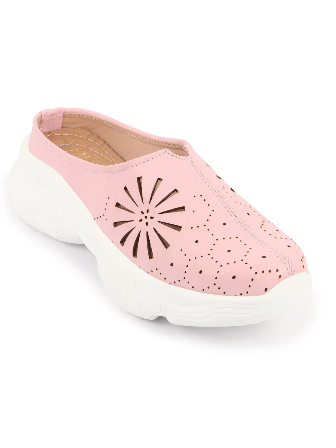 Women Pink Laser Cut Design Stitched Breathable Back Open Slip On Mules Shoes