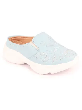 Women Sky Blue Leaf Print Embroidery Design Back Open Slip On Mules Shoes