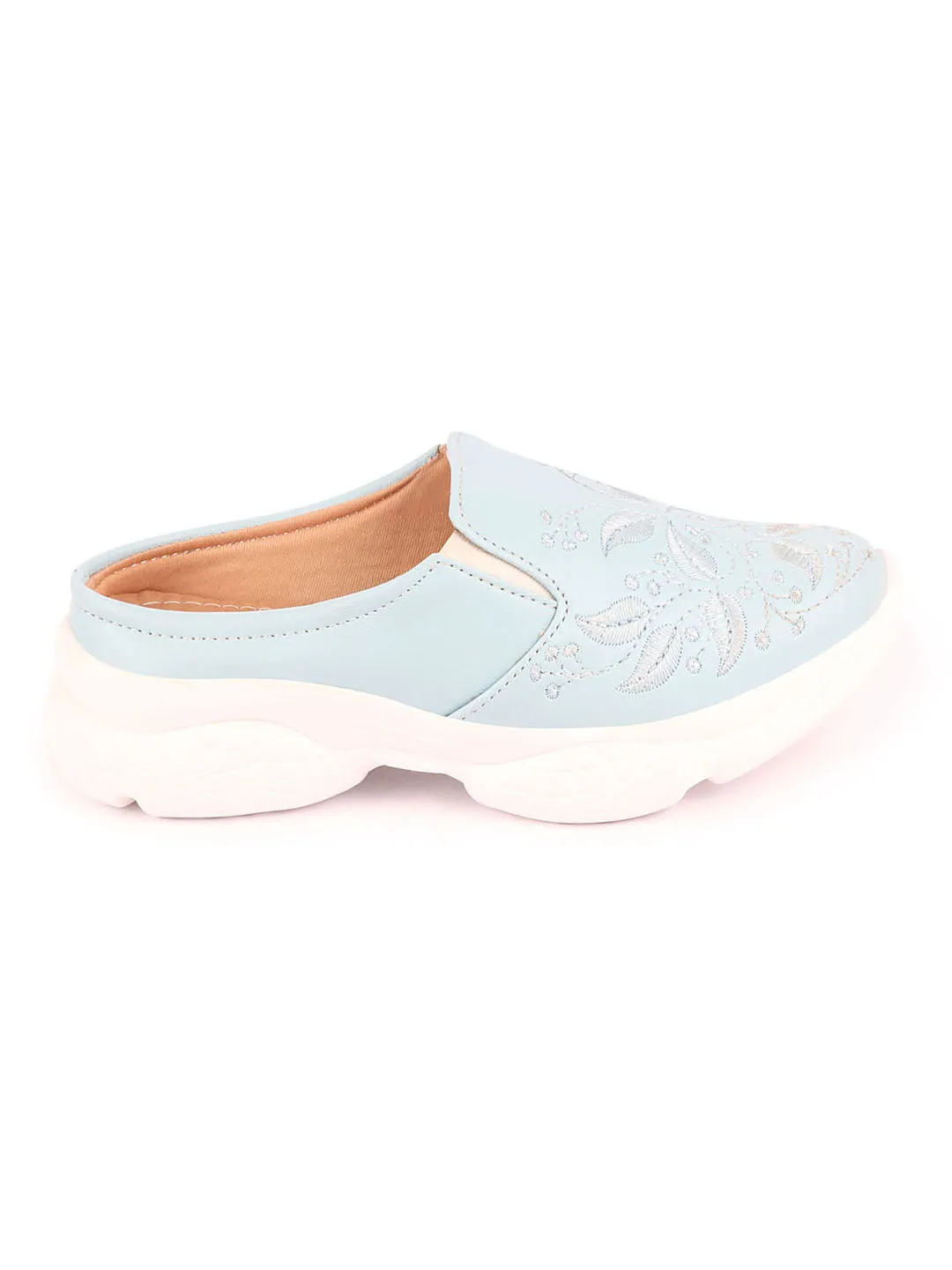 Women Sky Blue Leaf Print Embroidery Design Back Open Slip On Mules Shoes