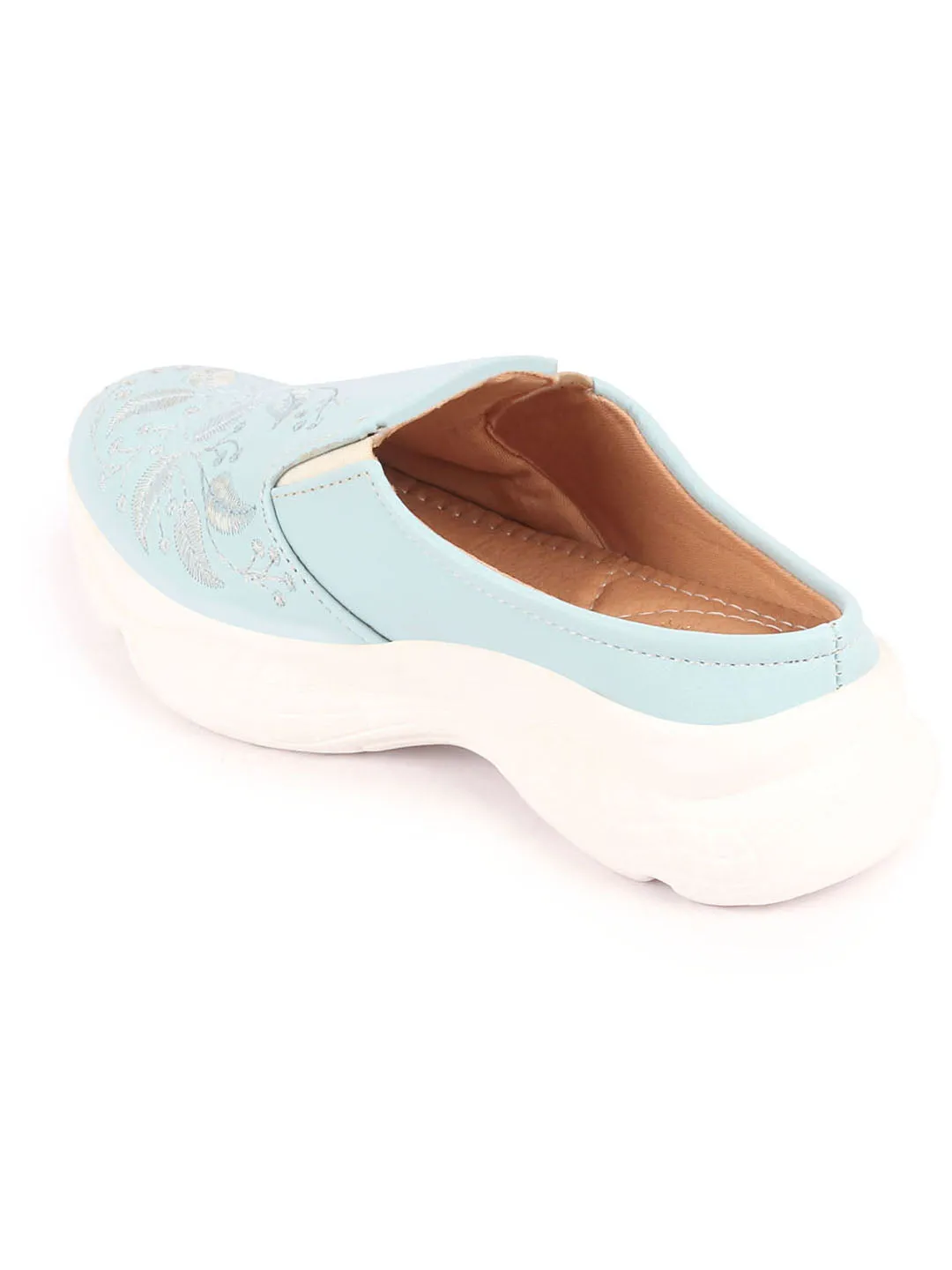 Women Sky Blue Leaf Print Embroidery Design Back Open Slip On Mules Shoes